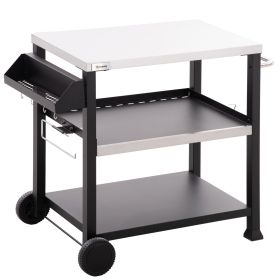 Grill Cart Table Outdoor, 3-Shelf Stainless Steel, Pizza Oven Stand, Black with BBQ Wheels & Side Handle